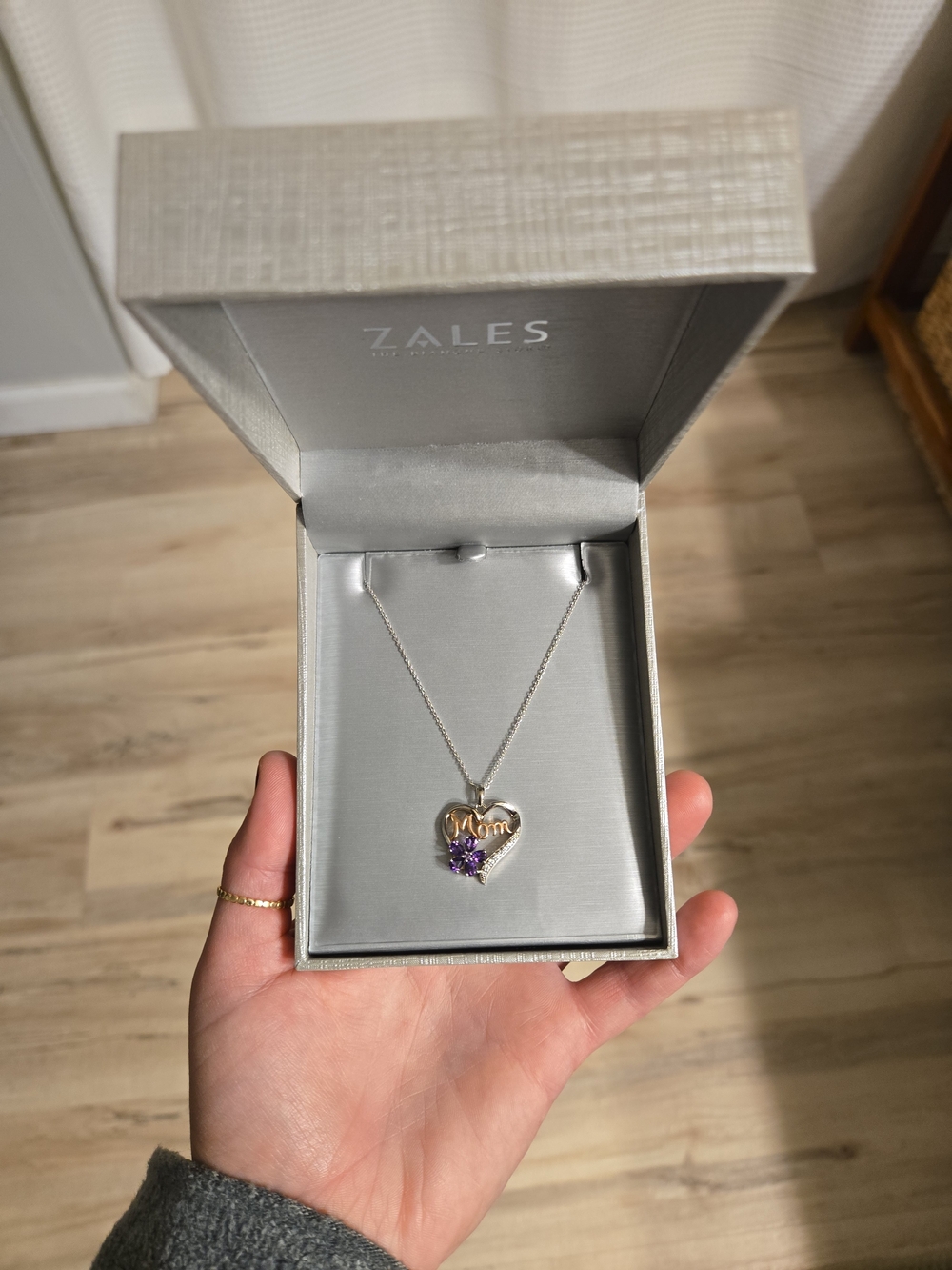 Zales Mom Sterling Silver Heart Pendant Necklace with Amethyst Flower